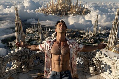 Arms spread wide, a bare-chested man in an unbuttoned shirt stands above a fantasy city