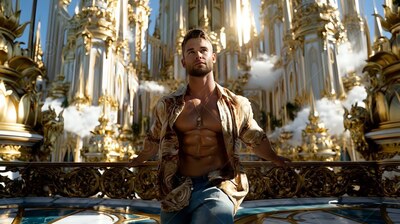 A muscular man leans on a gold balcony railing in the afternoon sun with his shirt open