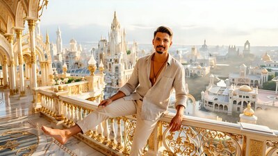 A barefoot man leans back against a balcony railing in soft afternoon sun