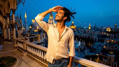 Shading his eyes, a smiling man stands on a balcony looking out over a city at dusk