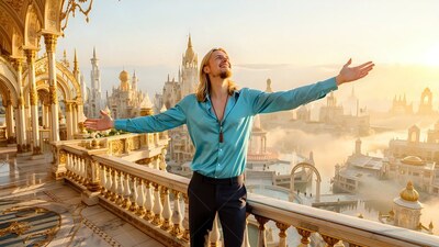 A smiling blond man in a teal shirt opens his arms on a sunny balcony above the city