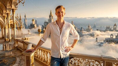 On a high golden balcony, a smiling man stands in an unbuttoned bright white shirt