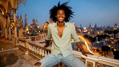 In an unbuttoned light green shirt, a smiling man sits on a balcony overlooking a city at dusk
