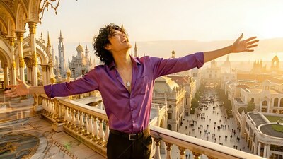 A man in an open purple shirt spreads his arms on a balcony in the yellow sunset light