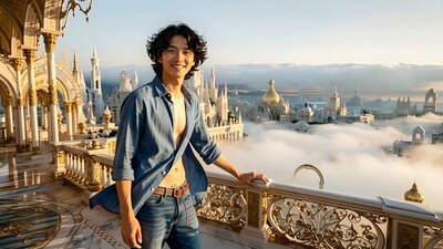 Happy man leaning on a stone balcony above cloud-filled spires in warm sunlight