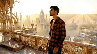 A young man in an open plaid shirt is standing on a balcony above a sunny palace