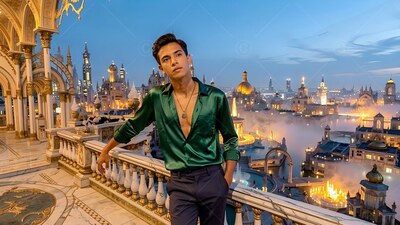 Leaning on a marble railing, a young man with an unbuttoned green silk shirt overlooks a sunset city