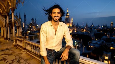 Happy man in an unfastened shirt on a balcony above a city at dusk