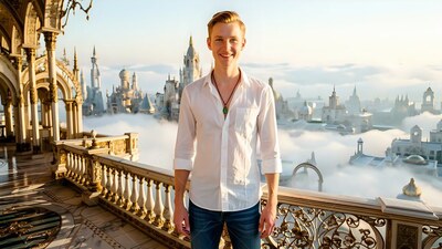 A young man in a bright white shirt poses on a balcony in warm golden sunlight