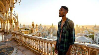 Standing on a balcony, a man wearing an open plaid shirt looks across a city at sunset