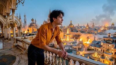 A young man in an orange shirt leans on a stone balcony overlooking a warm city