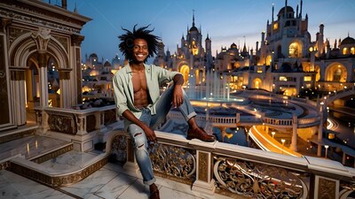 On a marble balcony, a man with a smile wearing an unbuttoned shirt sits above a city at dusk
