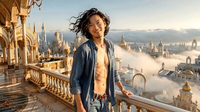 Man with a smile in an open blue shirt on a balcony overlooking a city