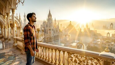In an open plaid shirt, a man looks out from a balcony over a sunlit city of spires