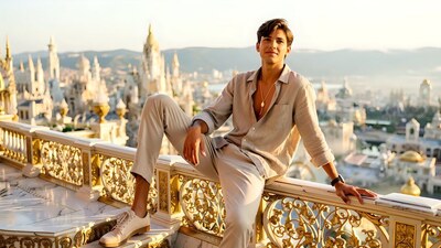 A young man lounges on a carved balcony railing looking out over a city in warm golden light