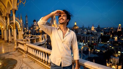 Shielding his eyes, a grinning man stands on a balcony over the city lights