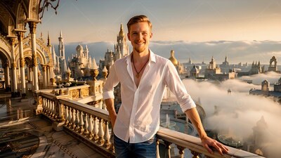 On a palace balcony, a smiling blond man leans in an open white shirt at sunset