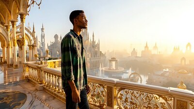 Looking out over a golden city, a young man in a green plaid shirt stands on a balcony