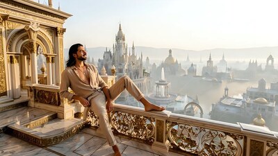 A man in a tan unbuttoned shirt lounges on a palace balcony looking out over a city