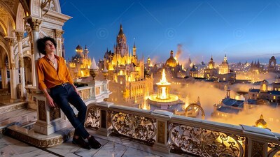 A young man in an unbuttoned yellow shirt leans on a marble balcony above a lit city