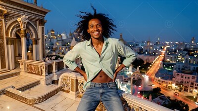 A smiling man sits on a rooftop railing in an open shirt as warm city lights turn on below