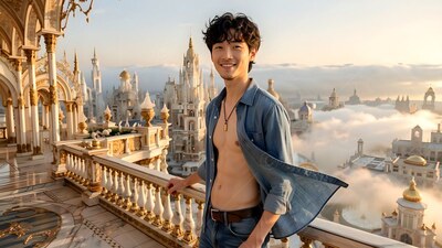 A grinning man in an unbuttoned blue denim shirt poses by a palace balcony