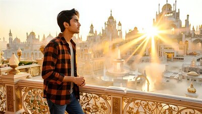 On a stone balcony, a young man in a plaid flannel shirt looks across a sunny city