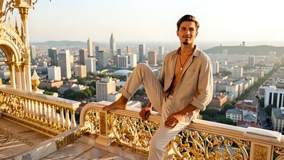 Lounging on a high balcony railing, a barefoot young man smiles over a city in sunset light