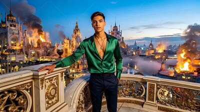 Young man wearing an unbuttoned green shirt of silk on a balcony above burning spires