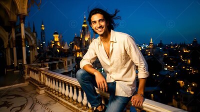 A grinning man in an unbuttoned cream shirt sits on a balustrade above city spires