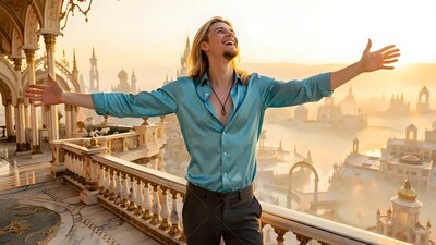 A happy man opens his arms wide on a high stone balcony under warm yellow sunset light