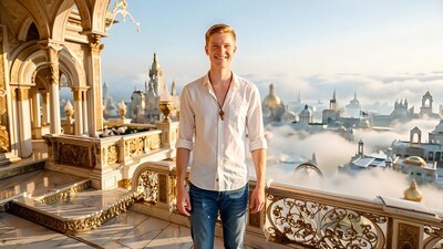 Standing on a high balcony, a happy man in an unbuttoned white shirt overlooking misty domes