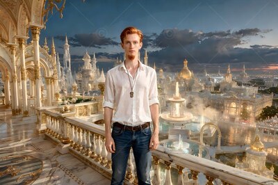 A red-haired man in an unbuttoned white shirt stands on a balcony over a pale palace city