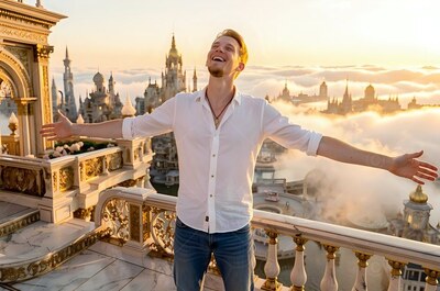 Spreading his arms wide, a happy man in a pale white shirt waits above a city in sunset clouds