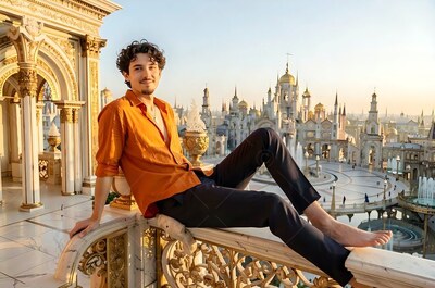 A barefoot man sits on a marble railing above the city in an orange shirt lit by warm sunset light