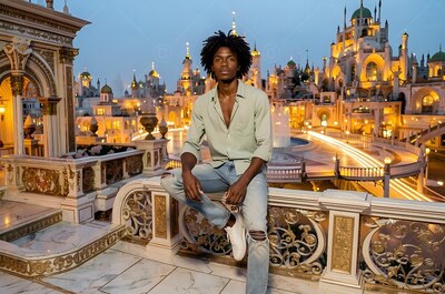 Sitting on a stone balcony, a young man looks out over an illuminated city