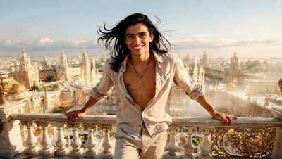 Smiling long-haired man in an unbuttoned shirt leans on a stone railing looking out over a city
