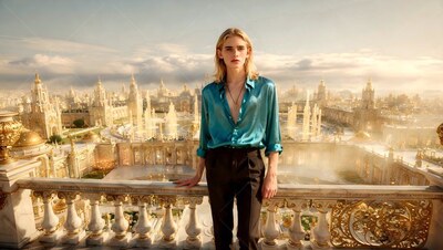 Above a golden city, a blond young man stands in an open teal shirt of silk