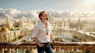 Looking up, a red-haired man in an unbuttoned white shirt leans on a stone balcony above a sunny city