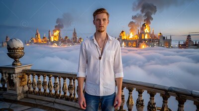 A blond man wearing an unbuttoned white shirt before a burning city