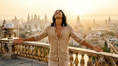 Unbuttoned tan linen shirt on a man with a smile looking up from a balcony over a sunlit city