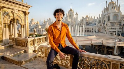 A man with a smile sits on a stone railing above a white palace in bright sunset light