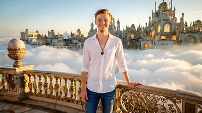 On a stone terrace above the clouds, a happy young man rests in a plain white shirt