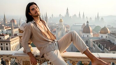 Lounging on a stone railing, a man with an unbuttoned beige shirt overlooks city spires at sunset