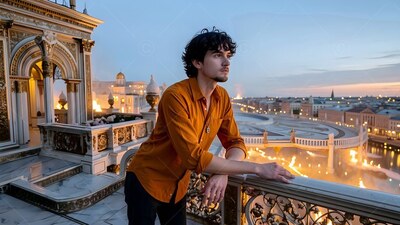 A man in an orange shirt leans on a marble balcony at dusk