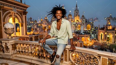 In an open pale green shirt, a happy man sits on a carved stone balcony above city spires at dusk