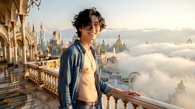 Leaning on a stone balcony, a grinning young man in an unfastened blue shirt poses above clouds
