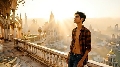 A young man stands on a balcony in an open plaid shirt at sunset