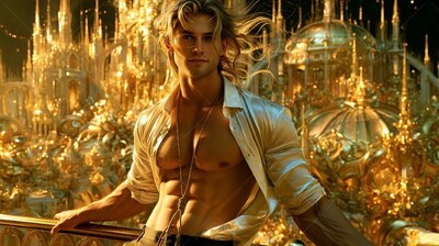 High above a city of gold spires, a blond man poses in an open plain white shirt