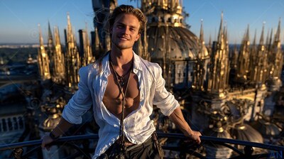 A smiling blond man in an open pale white shirt poses high above golden spires at sunset